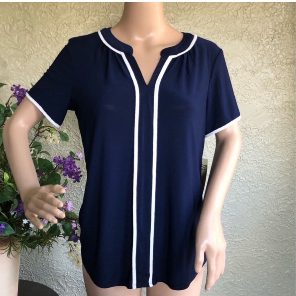 PerSeption Concept Navy Blue Short Sleeve Blouse with White Trim